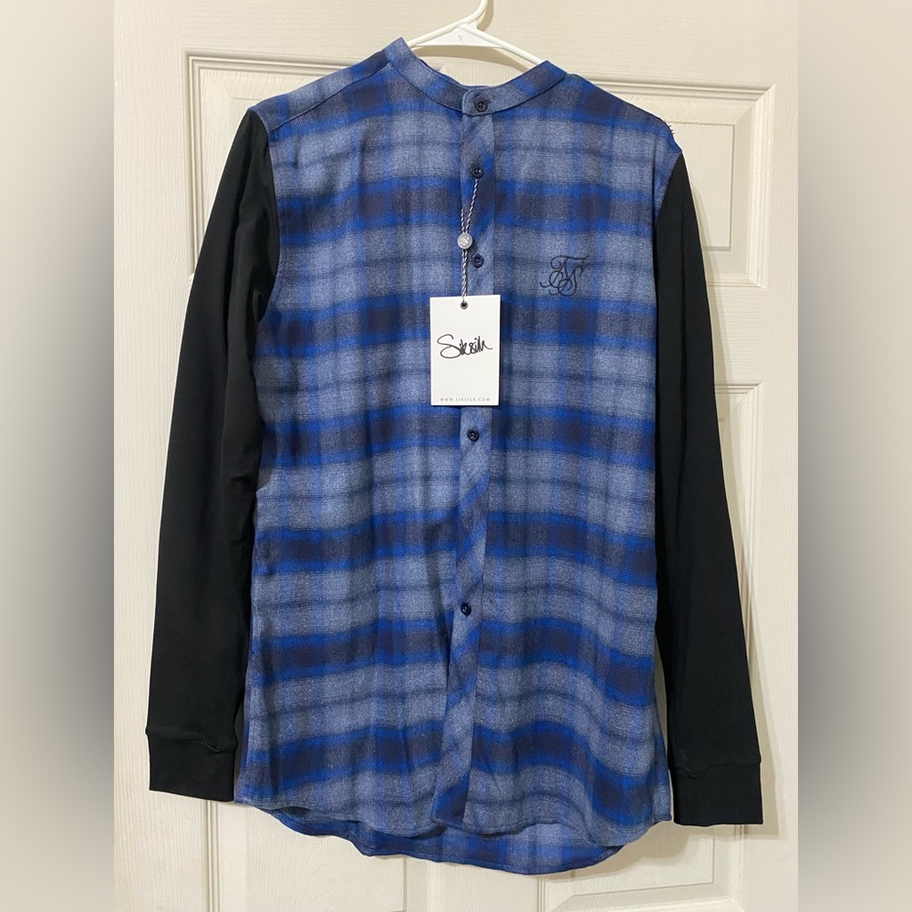 Brand New Siksilk Contrast Arm Checkered Grandad Shirt SS-12490 Blue/Black sz M